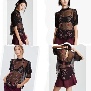 Free People So In Love Sheer Embroidered Heart Blouse Black Small Valentines